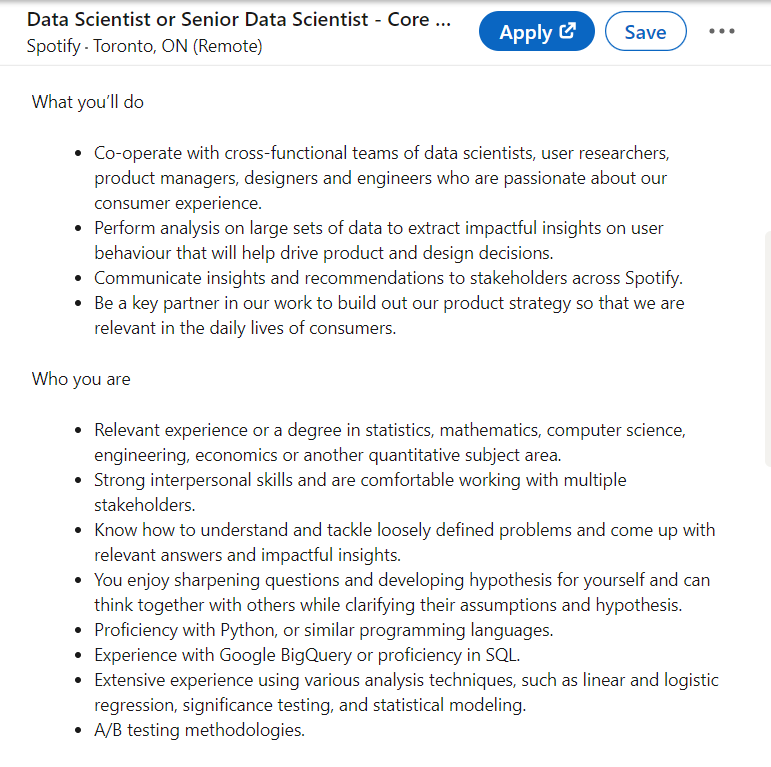 Spotify data scientist job posting LinkedIn