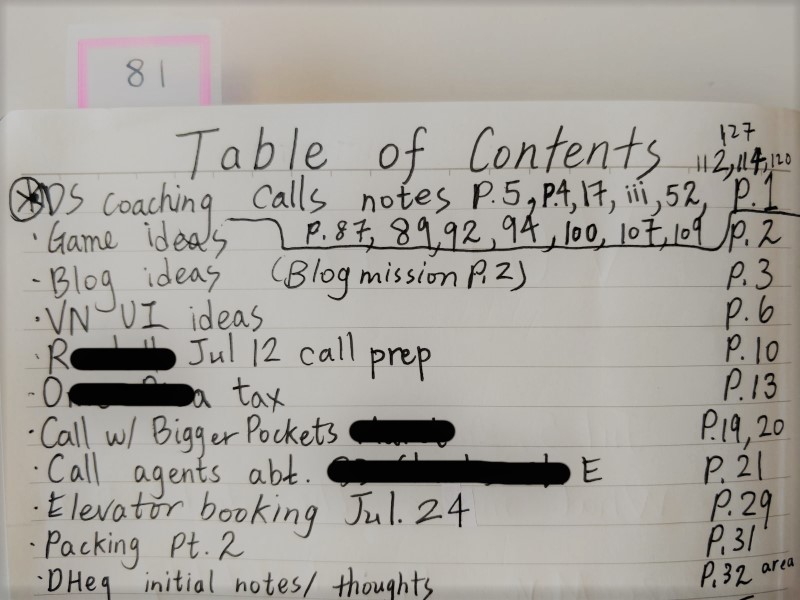 Table of contents on journal note taking technique