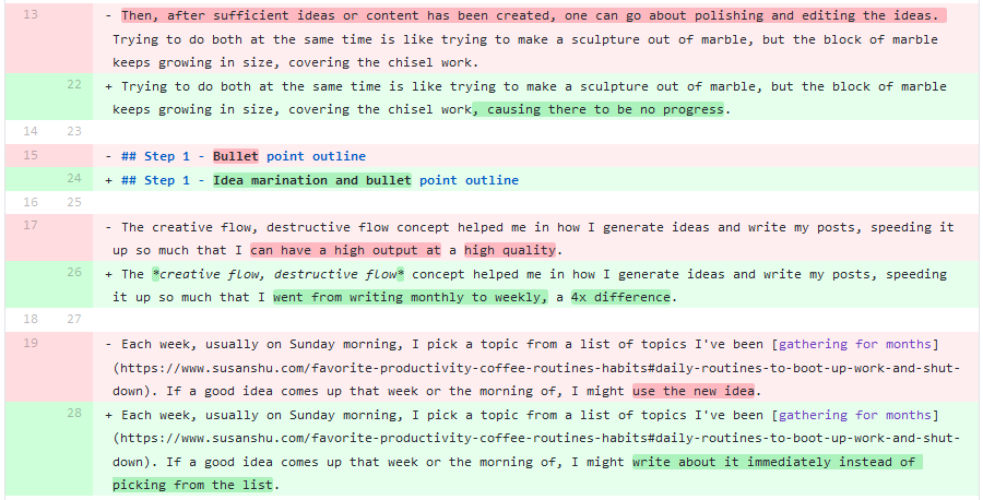 Git-backed writing. Git diff one editing round of this blog post.